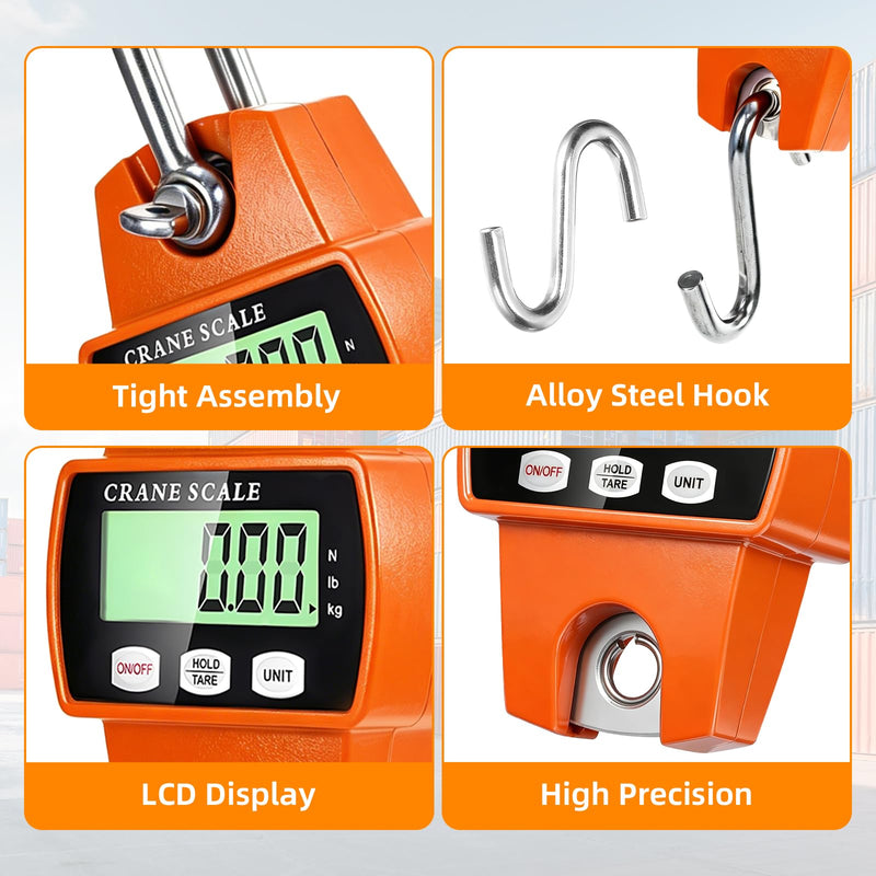 Digital Hanging Scale, 1100lb/500kg Handheld Crane Scale, Small Crane Scale with LCD Display and Hooks, Aluminum Alloy Body for Hunting, Outdoor, Luggage, Farm (Orange) Orange-1100lb