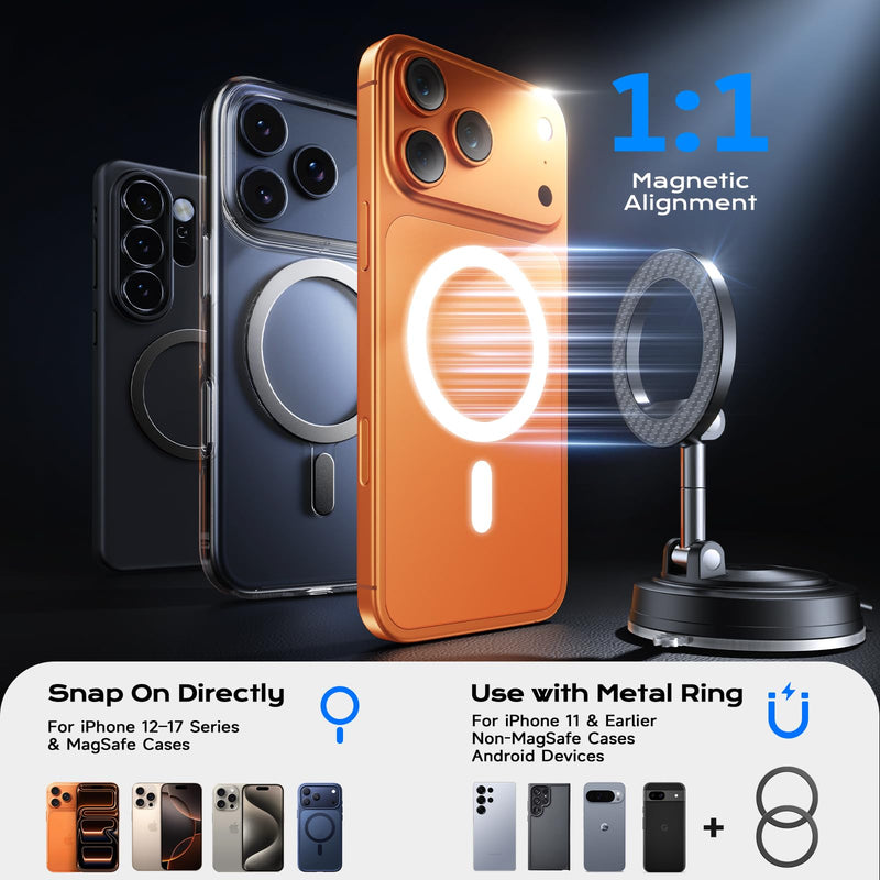 NeverDrop Car Phone Mount for MagSafe, 2 Bases for Any Surface | 118+LBS Ultra Grip, 2400gf Strong Magnetic, 360° Adjustable Car Phone Holder, Phone Holders for Your Car, Carbon Fiber