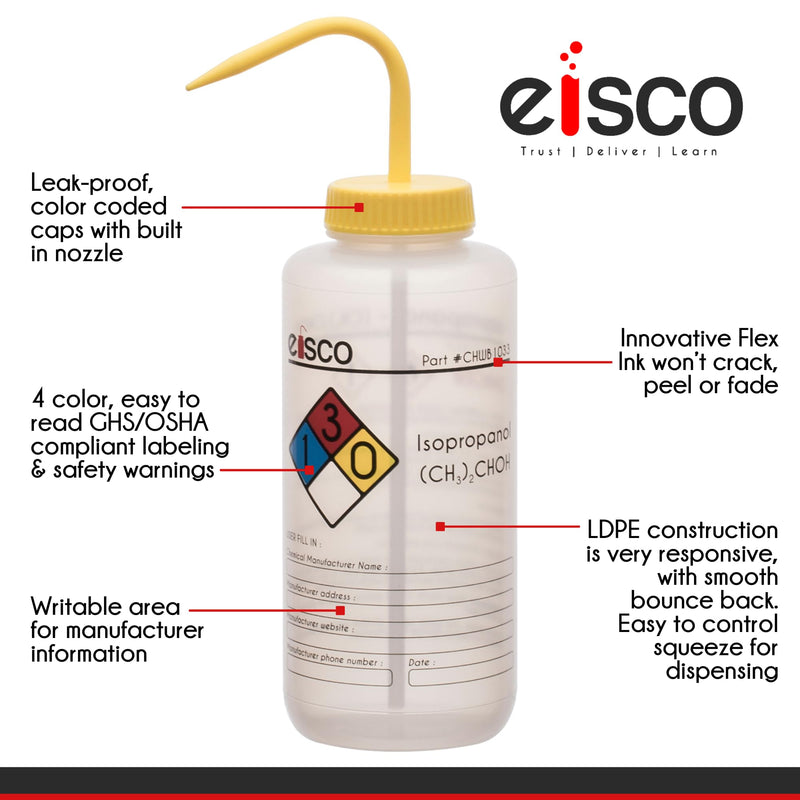 EISCO 6PK Wash Bottle for Isopropanol, 500ml - Labeled with Color Coded Chemical & Safety Information (4 Colors) - Wide Mouth, Self Venting, Low Density Polyethylene Labs 6