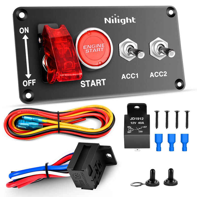 Nilight Ignition Rocker Switch Panel 12V 4 in 1 with Engine Push Button Toggle Switches with Relay Wiring Harness LED for RV Truck Racing Car Boat Marine Trailer Red 4 in 1 Panel