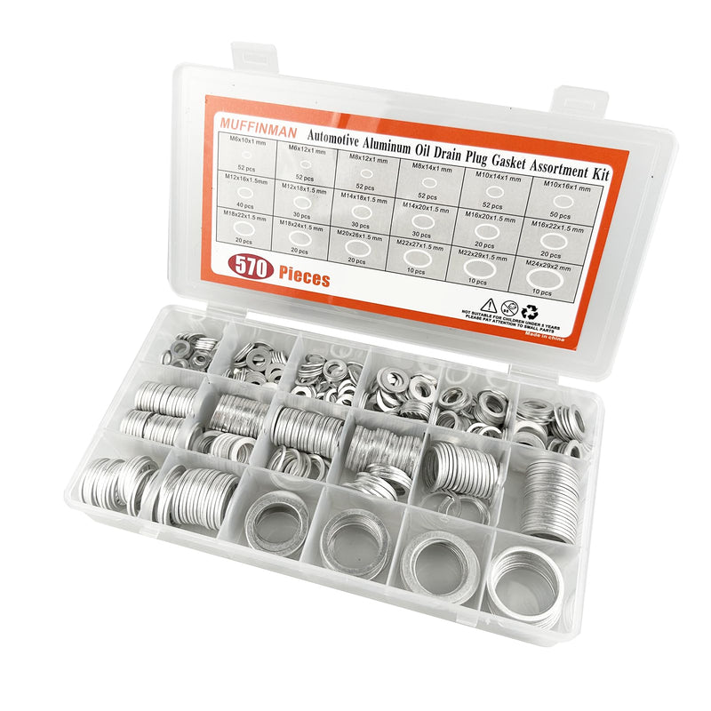 570 Pieces 18 Sizes Oil Drain Plug Gaskets Assortment Kit,Oil Crush Washers, Aluminum Crush Washers Assortment Kit,M6 M8 M10 M12 M14 M16 M18 M20 M22 M24 570