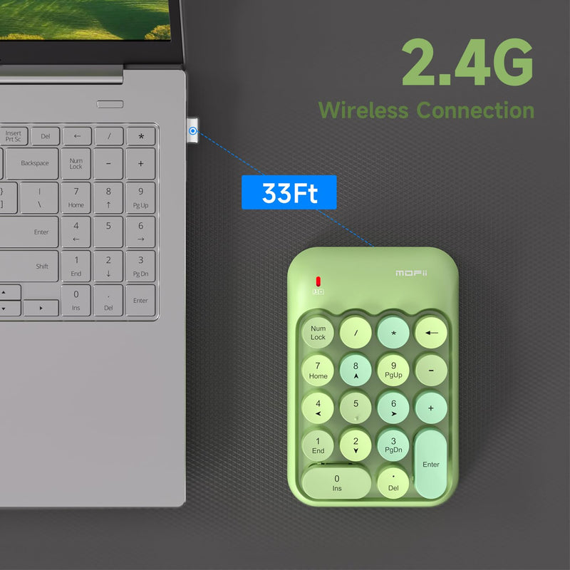 MOFII Wireless Number Pads - Green Numeric Keypad 18 Keys USB 2.4G Round Keycap Colorful Extensions Keypads, Financial Accounting Portable Numpad 10 Key for Laptop/PC/Notebook/Surface Pro
