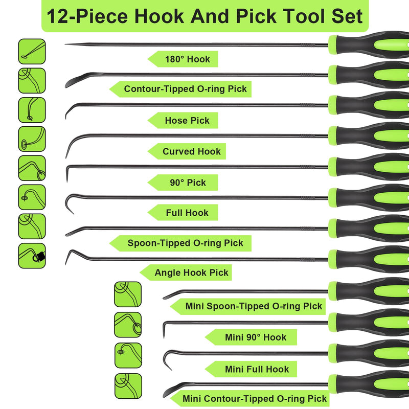 12PCS Automotive Hook and Pick Tool Set,Long & Mini Precision Puller Remover Tool Kit for Auto O-Ring,Seal & Gasket Removal,Mechanic Professional Tools,Car Repair Essentials Green-12 Pcs Hook and Pick Tool Set