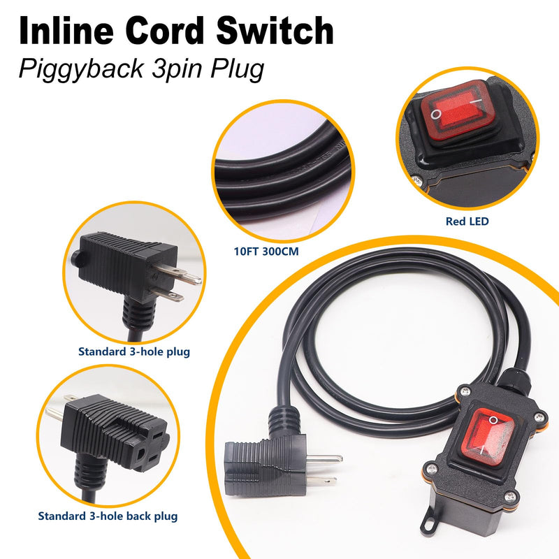 weideer Heavy Duty Extension Cord with IP67 Waterproof Switch On/Off, 10FT 18AWG Cable Piggyback 3pin Plug, Red LED 20A 250V Inline Cord Switch K-184-3M 10 ft