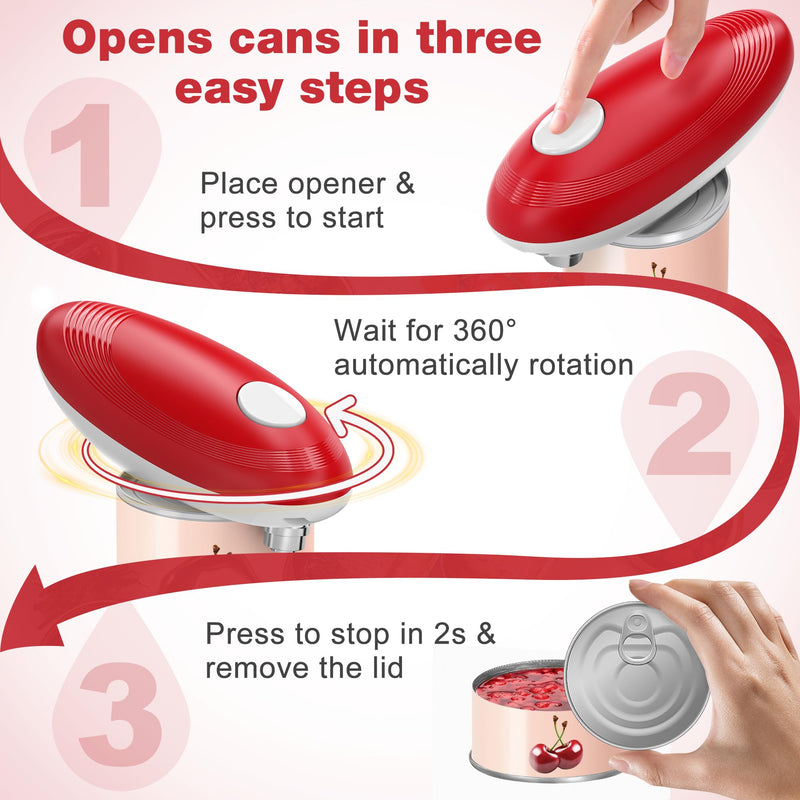 Electric Can Opener, Food Safe Automatic Can Opener with Smooth Edge, Open Your Cans with A Simple Press of Button, Can Opener Electric Kitchen Gifts for Seniors and Arthritis (Red) Red