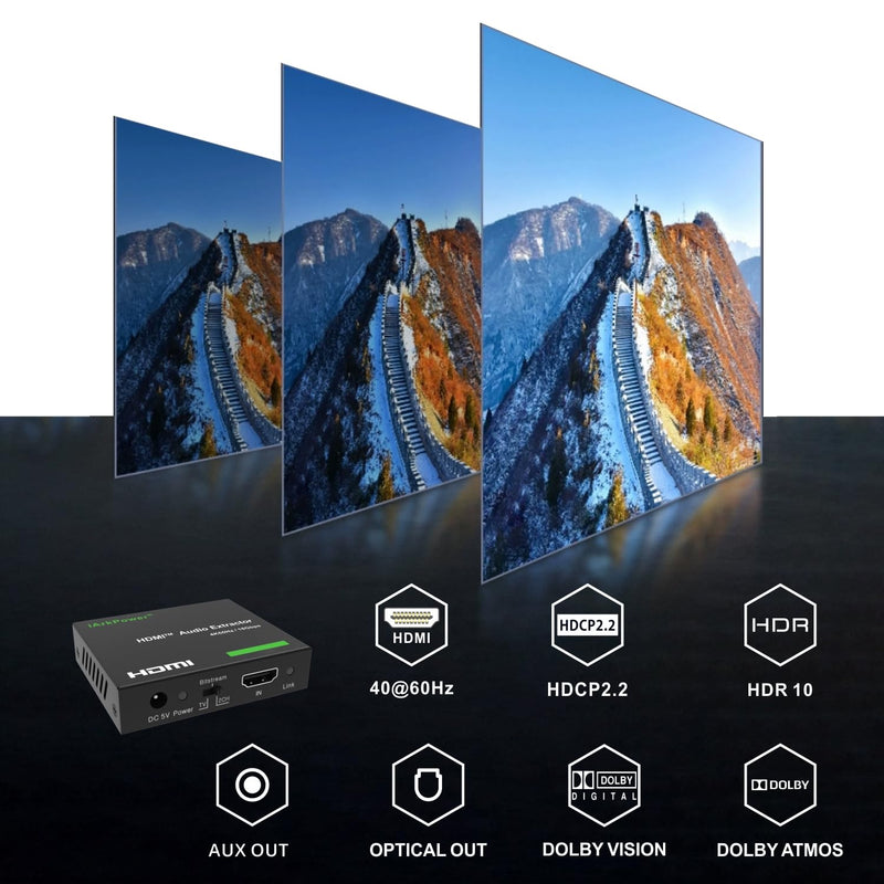 HDMI 2.0 Audio Extractor 4K60Hz HDMI to Optical + 3.5mm Analog Audio Splitter Support Dolby Vision, Dolby Atmos, HDR10, HDCP 2.2, CEC 4K60Hz w/o ARC