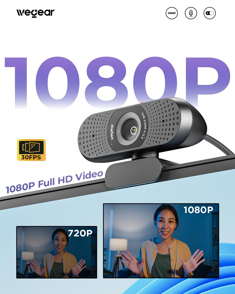 wegear Full HD 1080p Webcam for PC, Laptop & Desktop, Built-in Dual Microphones, Privacy Cover, 85°FOV, Fixed Focus, Plug & Play USB-A Computer Camera for Zoom, Teams, FaceTime, Google Meet, Streaming