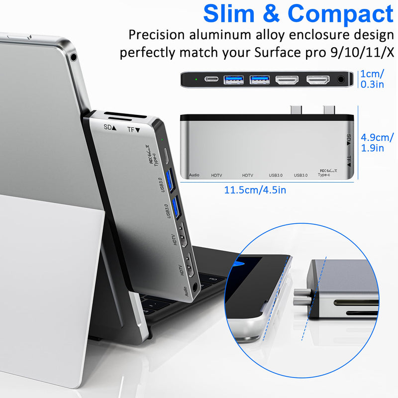 Surface Pro 9/10/11/X Docking Station with Dual 4K HDMI, Thunderbolt 4 (100W PD, 40Gbps Data, 8K Display), USB-C Hub for Surface Pro 11/10/9/X, Quad Display Adapter with 2 USB3.0, SD/TF, 3.5mm Audio Sliver