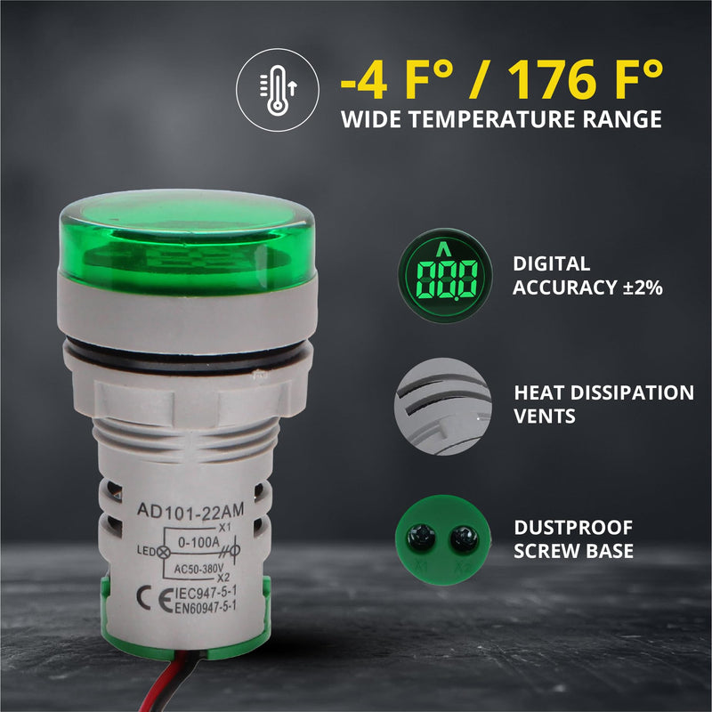 Digital Led Display Indicator Ammeter, 0-100A Max AC380 Current Meter and 220V - Gauge Meter, Tester Amp Monitor - AD101-22AM Model, Circle Panel, Green (3 Pack) 3