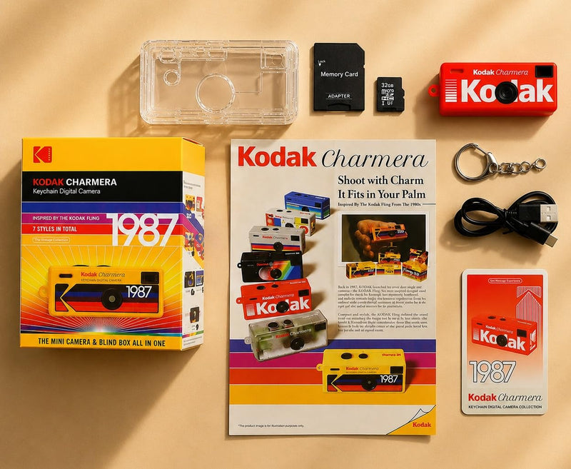 Kodak Charmera Keychain Digital Camera Random Style Blind Box 3 Pack | Bundle includes a Sturdy Tiger Crystal Clear Protective Case, 32GB Micro SD Card, Adapter & Camera Strap