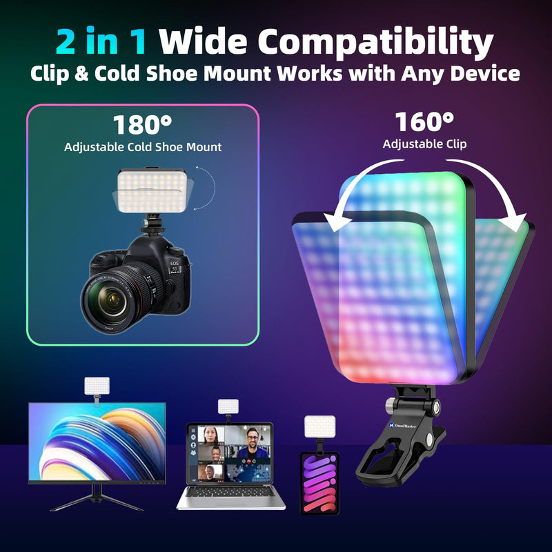 OmniMaster RGB Selfie Light with 2-in-1 Clip & Cold Shoe, 96 LED CRI97+ Portable 360° Video Light for Phone, Camera, Laptop – TikTok, Makeup, Vlogs, Zoom