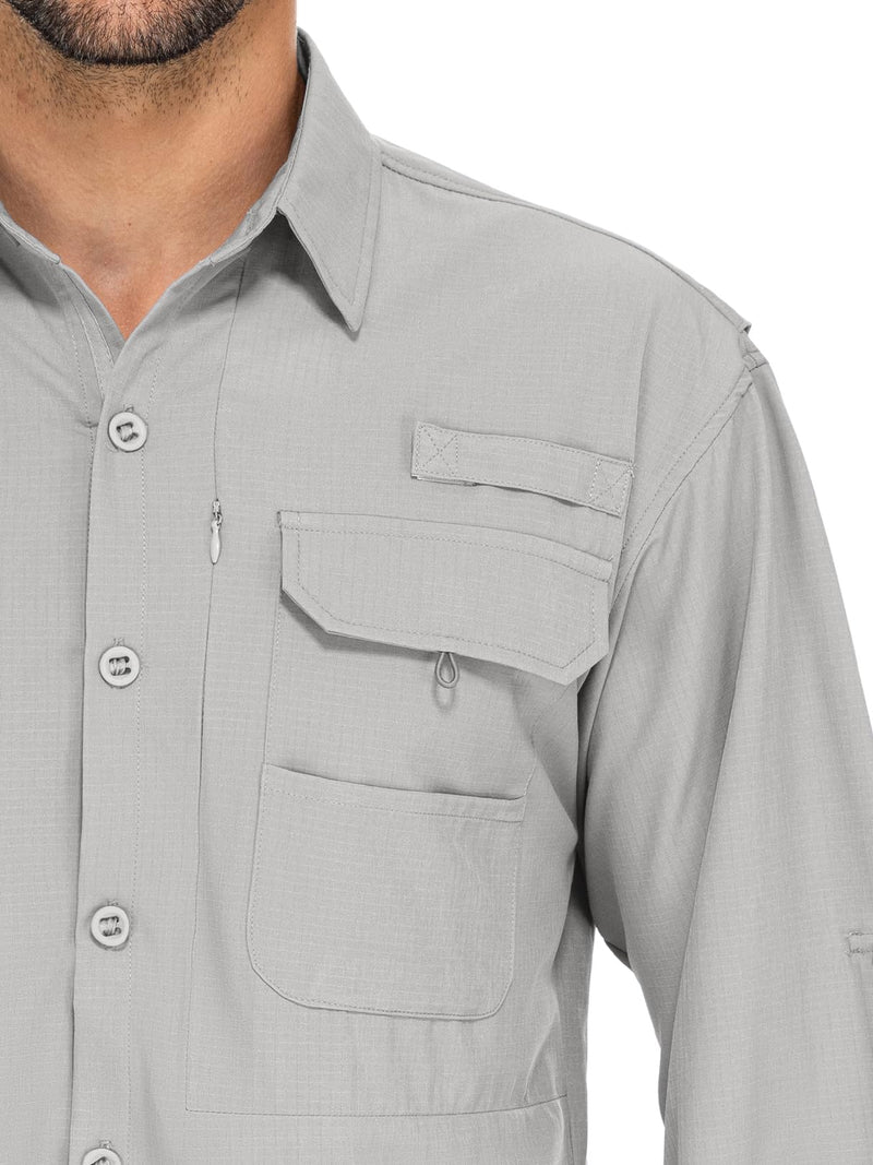 linlon Mens Safari Shirts Long Sleeve UV Protection Hiking Fishing UPF 50+ Quick Dry Cooling Camping Travel Shirts Medium Grey