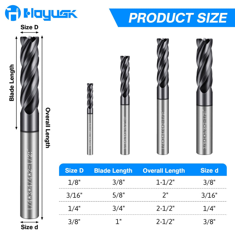 4PCS Micrograin Carbide Square End Mill Set- 4 Flute 4T 1/8" 3/16" 1/4" 3/8" End Mills for Alloy Steels, Hardened Steel, Metal, and Multipurpose Milling - Precision Tool Kit for DIY & Professional Use 1/8" 3/16" 1/4" 3/8"