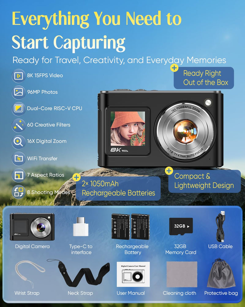 8K Digital Camera for Photography,96MP WiFi Dual Screens Vlogging Camera | Autofocus,16X Zoom,Anti-Shake,Compact Point and Shoot Camera for Teens,Beginners,Travel,32GB Card,2 Batteries Black