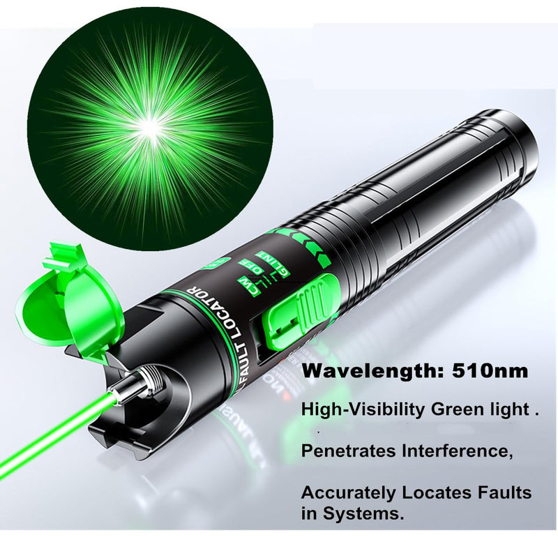 Green Light Fiber Optic Tester - Visual Fault Locator, ≤5mW Class IIIA 510nm Wavelength, Compatible with SC/FC/ST/LC Interfaces, Ideal for Network Maintenance & Data Center Technicians. HT-30