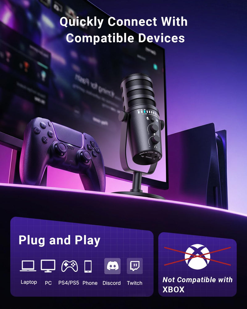 Streaming Microphone for Discord, RGB Mic for PC | Supercardioid pickup, noise cancellation, one-tap mute, gain control, 3.5mm jack, podcast, smartphone compatible