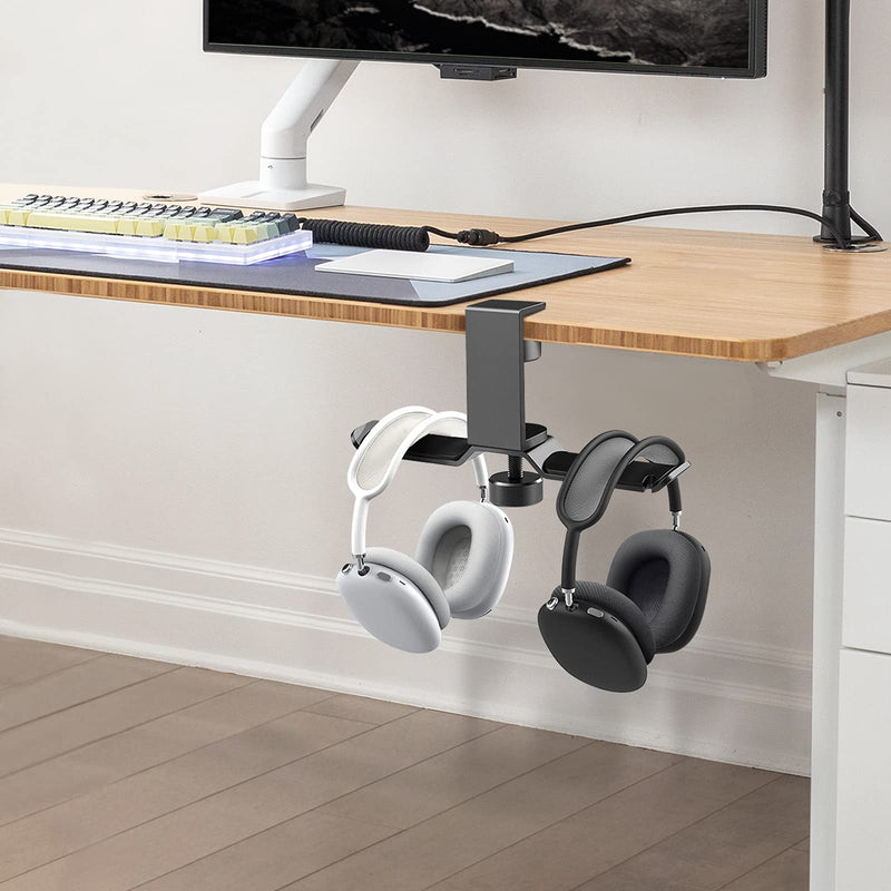 Dual Headphone Stand Hanger Under Desk, 360 Degree Rotating PC Gaming Headset Holder Aluminum Clamp Hook Space Save Mount, Universal Fit All Headphones, Black