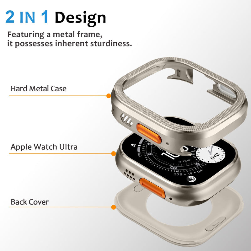 Amizee 2 in 1 Metal Cover Compatible with Apple Watch Ultra 3/2/1 Case 49mm with Back Cover, Rugged Shockproof Bumper Durable Protective Case for iWatch 49mm, Titanium