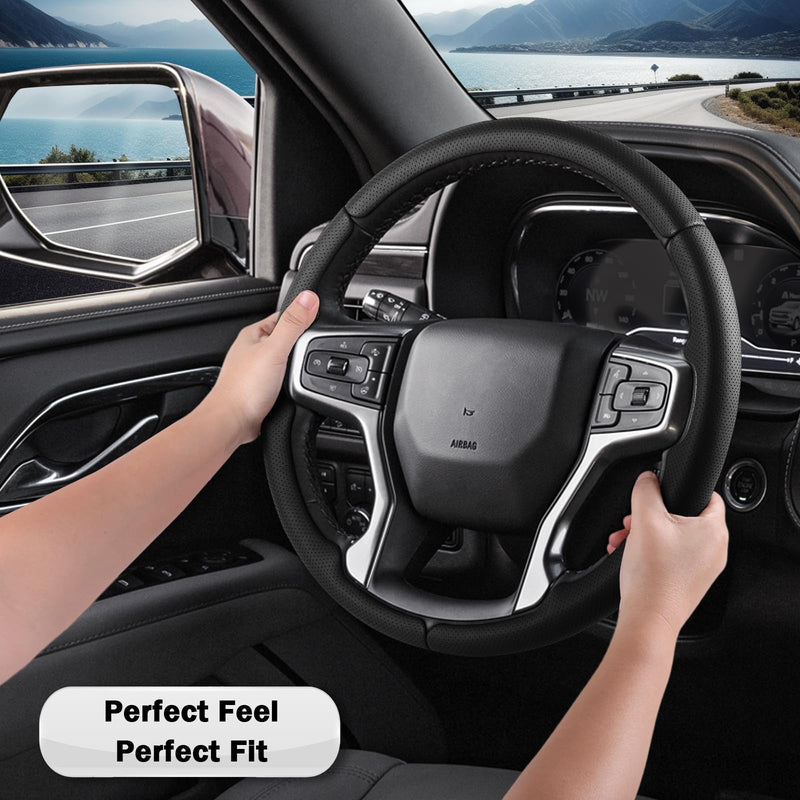 Steering Wheel Cover for Chevy Silverado 1500 2019-Present/ 2500 3500 2020-Present/Blazer 2019-Present (Gasoline Models)/ Suburban Tahoe 2021-2024, Car Steering Wheel Cover Accessories for Chevrolet Black Perforated Leather For Silverado 1500 2019-Now