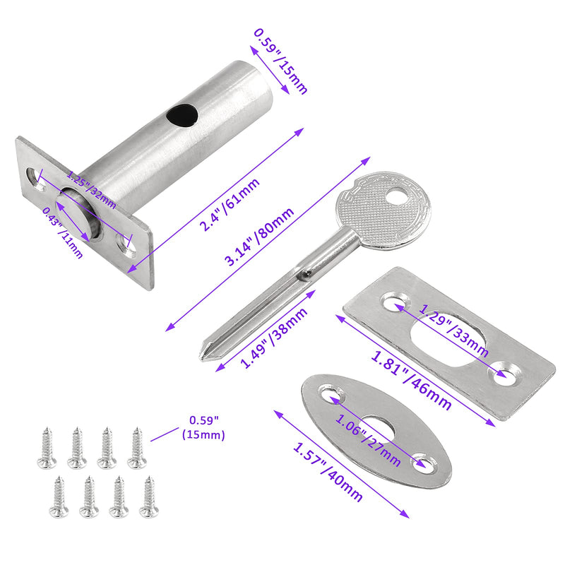 Stainless Steel Hidden Manager Tubewell Key Mortise Lock Hardware with Key and Screw for Door Length 3.14" / 80mm (Pack of 2) 3.14 inches (Pack of 2)