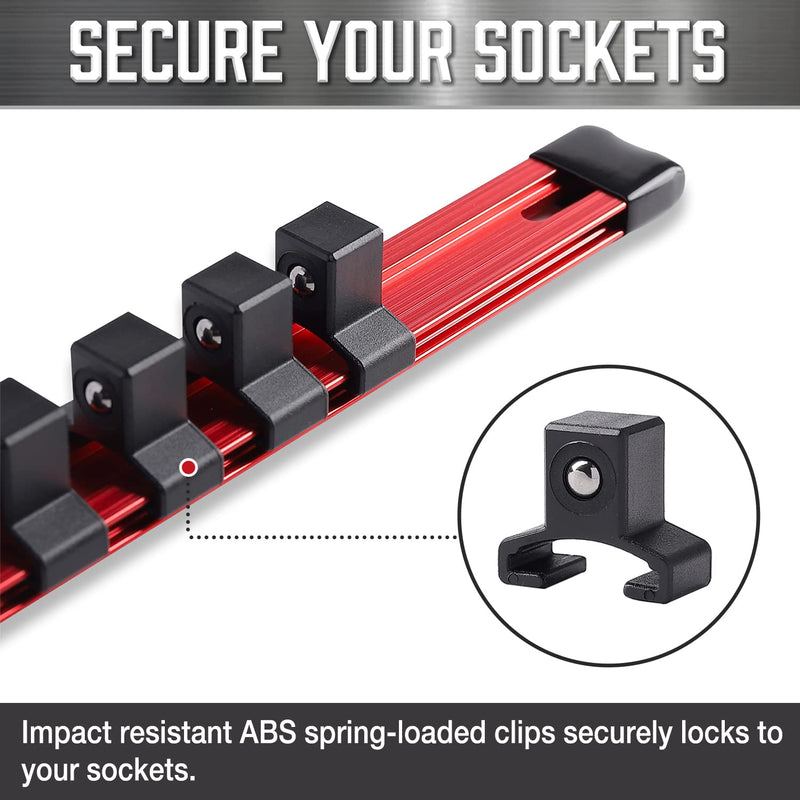 ALOANES 1/2-Inch Drive Aluminum Alloy Socket Organizer, Heavy Duty Socket Racks, Socket Holder Kit 1/2-Inch x 16 Clips (Red) Red