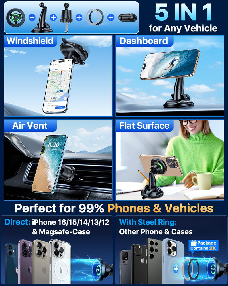 YRU [Truely Upgrade & Patent] Car Phone Holder for Magsafe [98+LBS Strongest Suction & Enhanced Magnetic] Dashboard Car Mount Windshield Vent Phone Stand for iPhone 17/16/15/14/13/12 Pro Max, Black