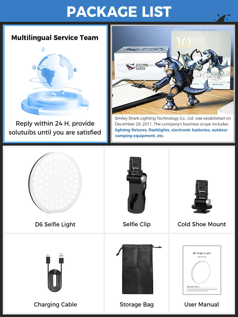 Smiling Shark Photography Light, LED Video Light with Clip 2500mAh Rechargeable CRI 97+ Dual Color Temperature Dimmable Cold Shoe Mount Portable Camera Light for Live Laptop Phone Video
