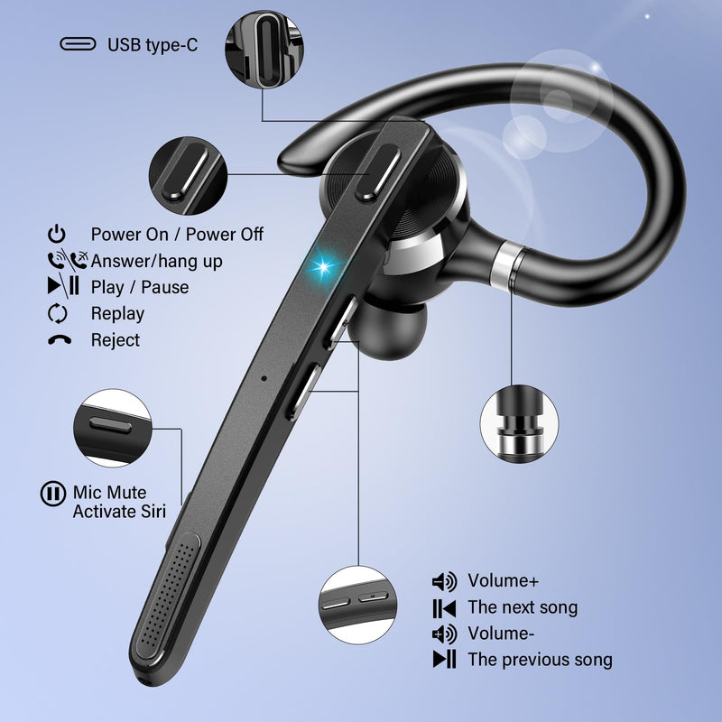 2026 Bluetooth Headset, Wireless Bluetooth 5.3 Earpiece, 90Hrs Single-Ear Headset with APTX HD Audio & Mute Button, Dual Noise Cancelling Mics, Hands Free Headphone for Trucker, Business, Gym, Grey Gray