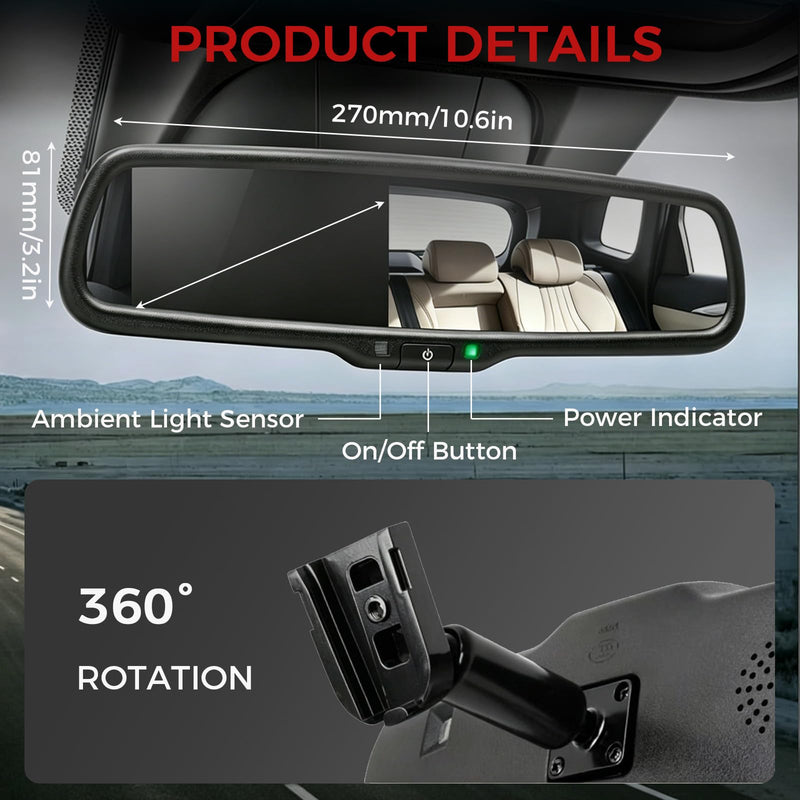 4.3 inch Car Mirror Monitor for Trucks and Vans, Auto-Dimming | 480 x 272 Resolution, 500 CD/m2 HD System, Multiple Video Inputs, With 360°Bracket, Only Supports CVBS, Auto Rear View Mirro