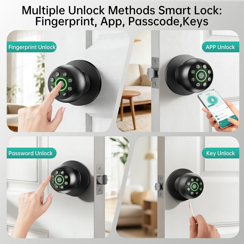 Fingerprint Door Lock - Smart Door Knob, Biometric Door Lock with Keypad Passcode Door Handle for Bedroom Home Office (Black) Black APP