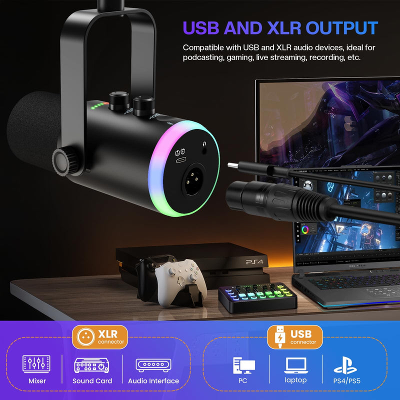 XLR USB Dynamic Microphone with RGB Light, Volume Control, Mute Button, Echo Function, Headphone Monitoring Jack. Compatible with Mixers, Sound Cards, MAC, PC Black