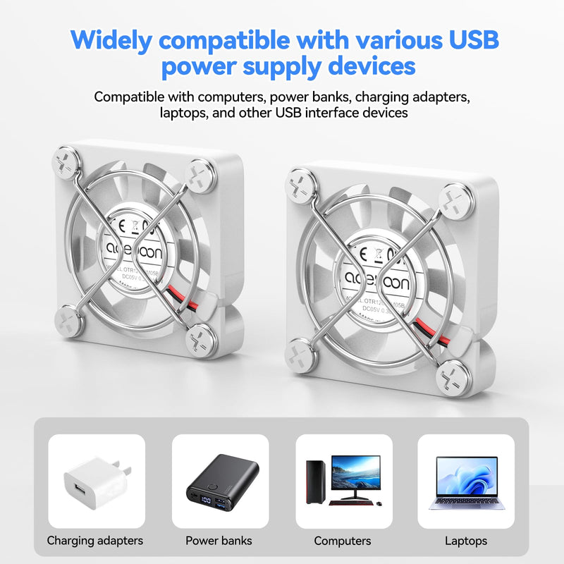 aceyoon 40mm USB Dual Fan, 3 Speed Adjustable (4000/4700/5500 RPM) Mini USB Fan with Painted Metal Grille, Portable PC Cooler for Laptop, Router, Game Console, White