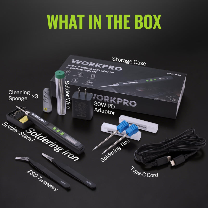 WORKPRO DC Soldering Iron Kit, Fast Heating Soldering Iron Pen with 3 Tips, Portable Lightweight Solder Iron for Electronics, Metal, DIY, Accurate Temp Control, OLED Screen Display, PD/QC Protocols