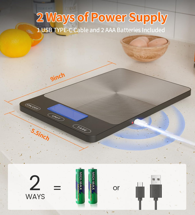 Food Scale -33lb Digital Kitchen Scale for Food Ounces Grams Rechargeable 305 Stainless Steel,Batteries and Type-C Charging | Perfect for Meal Prep, Cooking, and Baking, Black Large