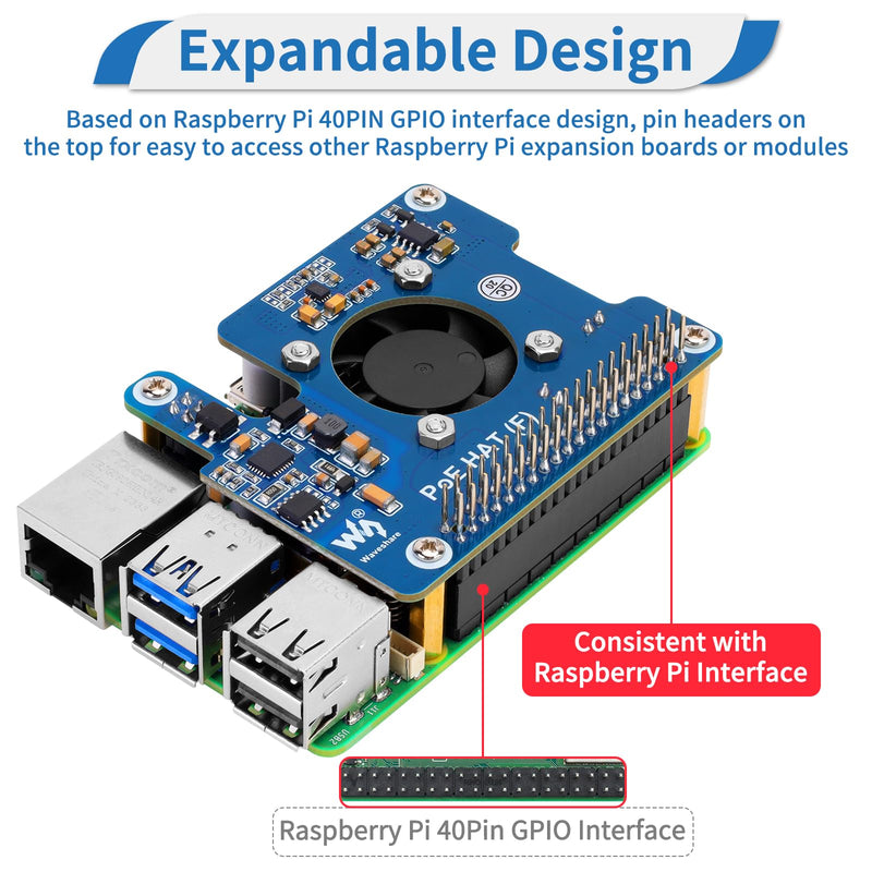 MakerFocus PoE HAT(F) for Raspberry Pi 5, Power Over Ethernet Hats with Metal Heatsink and Active Cooling Fan, Supports IEEE 802.3af/at Network, 5V/12V Power Output and SMPS