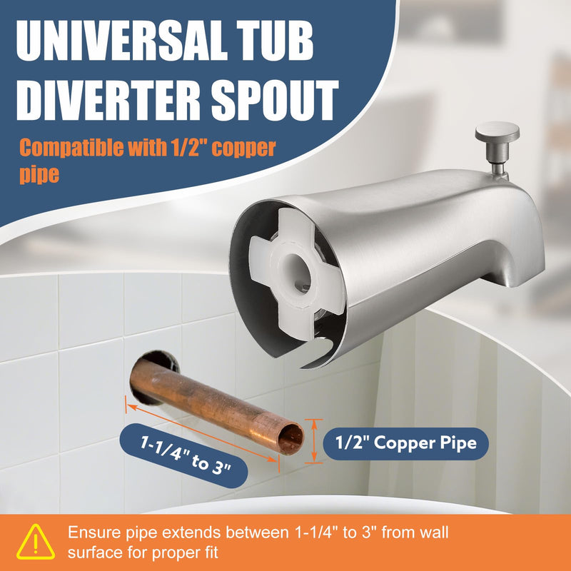 Universal Bathtub Tub Spout with Diverter, Fits 1/2" Slip-Fit Copper Pipe Connection, Pull Down Bathtub Faucet Spout Replacement, Easy Installation (Brushed Nickel) Brushed Nickel