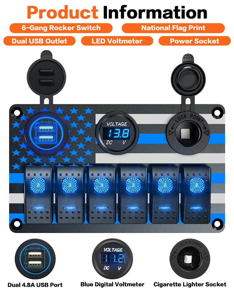 IZTOSS 6 Gang Switch Panel Waterproof Rocker Switch Panel Aluminum American Flag Design Marine Swtich Panel with Dual USB Charger, Digital Voltmeter, Power Socket for Boat Car RV Blue LED