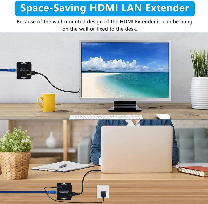 200ft HDMI Extender Over CAT6 CAT7 RJ45 Ethernet to HDMI Converter LAN Extension POC Support 1080P 3D EDID Copy Deep Color Compatible with PC PS4 Roku Unilateral Power Supply gray