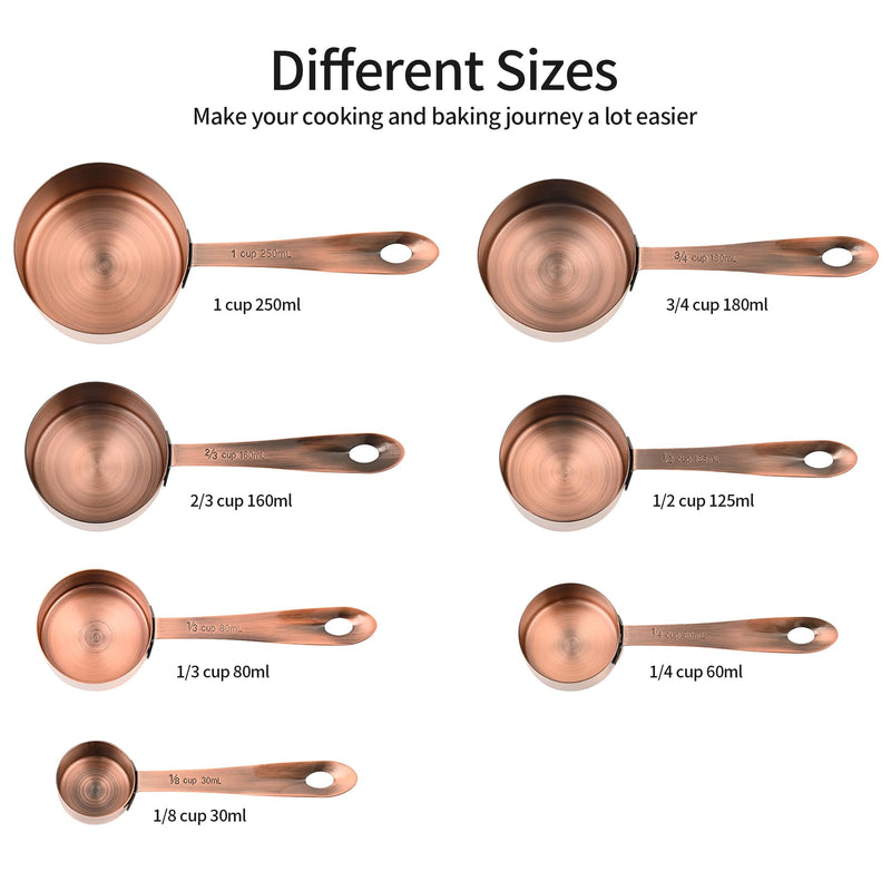 Copper Measuring Cups and Spoons Set 16, Dry&Liquid Stainless Steel Measuring Cups and Spoons, 7 Metric&US Measing Cups & 6 Measuring Spoons & Measure Equivalents for Kitchen&Baking A: 7cups+6spoons Copper