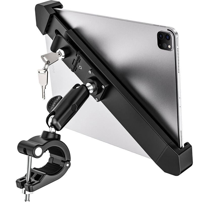 Anti-Theft Motorcycle Tablet Mount, Heavy Duty Bike Tablet Holder with Lock & Key, 360° Double Joints Adjustable Arm - Handlebar Clip for iPad Pro 11 Air Mini, Navigation, More 7-11" Devices