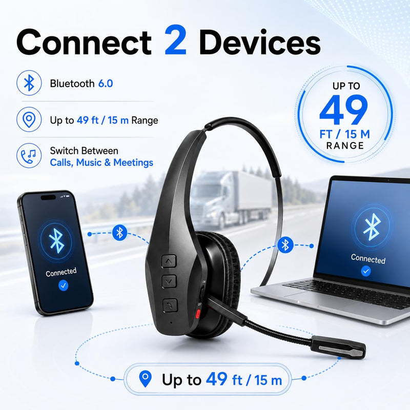 Bytewaveshop Trucker Bluetooth Headset with Mic, 55H Talk Time Wireless Headset, 99% Noise Cancelling Headphones with 270° Adjustable Mic, Bluetooth 6.0, Dual Device for Truck Drivers, Calls, Driving