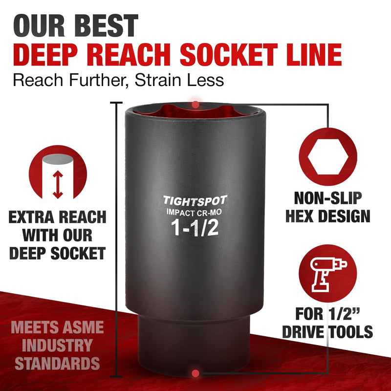 TIGHTSPOT 1/2 Inch Drive - 1 1/2 Inch Deep Impact Socket with Anti-Rounding 6 Point Design, Heat-Treated CRMO Steel 1/2” Drive Deep Socket 1/2” Drive 1 1/2” Deep Impact Socket - 6pt