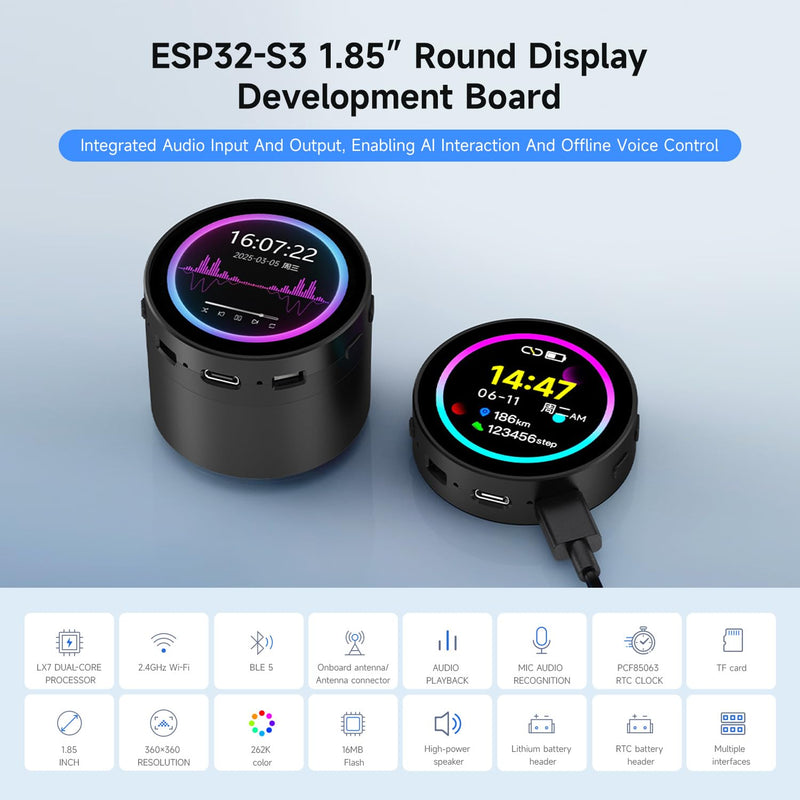 Waveshare ESP32-S3 1.85inch Round LCD Development Board, 360×360, Supports Wi-Fi & Bluetooth BLE 5, AI Speech, Smart Speaker Box, ESP32 with Display