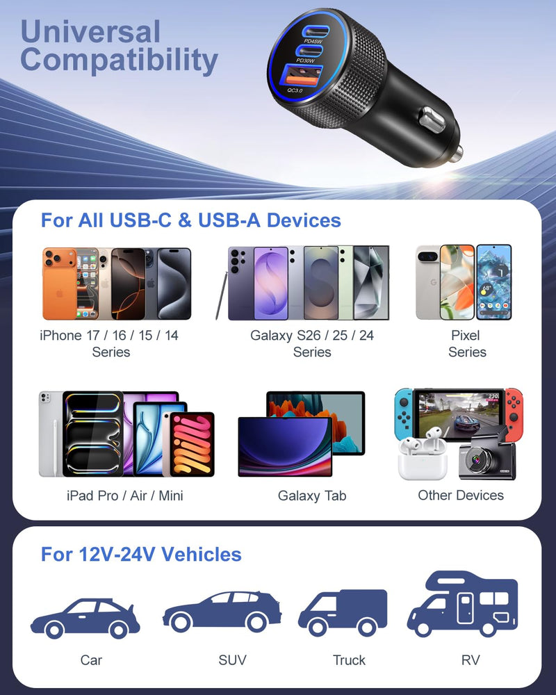 Car Charger USB C Fast Charge 45W & 30W, Besgoods 3 in 1 Cigarette Lighter Adapter [USB C & USB A] PD3.0 PPS for iPhone 17/16/15 Pro Max Galaxy S26 Ultra S25 FE S24 S23, 2Pack Black