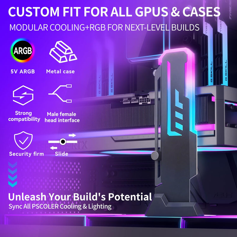 GPU Support Bracket, GSCOLER Universal GPU Anti Sag Bracket, 60-163mm Adjustable GPU Stand for Heavy-Duty Graphics Card Support, 16.8M RGB Modes GPU Brace with Magnet & Non-Slip Base for Video Cards