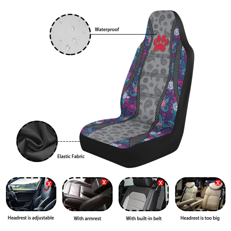  [AUSTRALIA] - Red Paw Print Car Seat Covers Non-Slip Automobile Seat Covers Boho Flower Waterproof Front Seat Cushion Interior Auto Accessory Protection for Cars Truck Van, 2 Pcs Set A-Red Paw Print Boho Flower