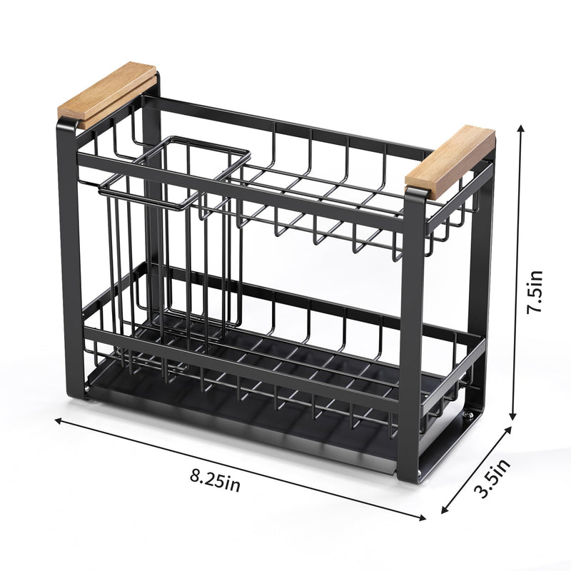 Sink Caddy Organizer with Wooden Handle, 2-Tier Rustproof Metal Sink Organizer Non-Slip Suction Cups, Multi-Functional Storage for Sponge, Soap Dispenser, Kitchen and Bathroom Countertop Accessories 2 Tier Black