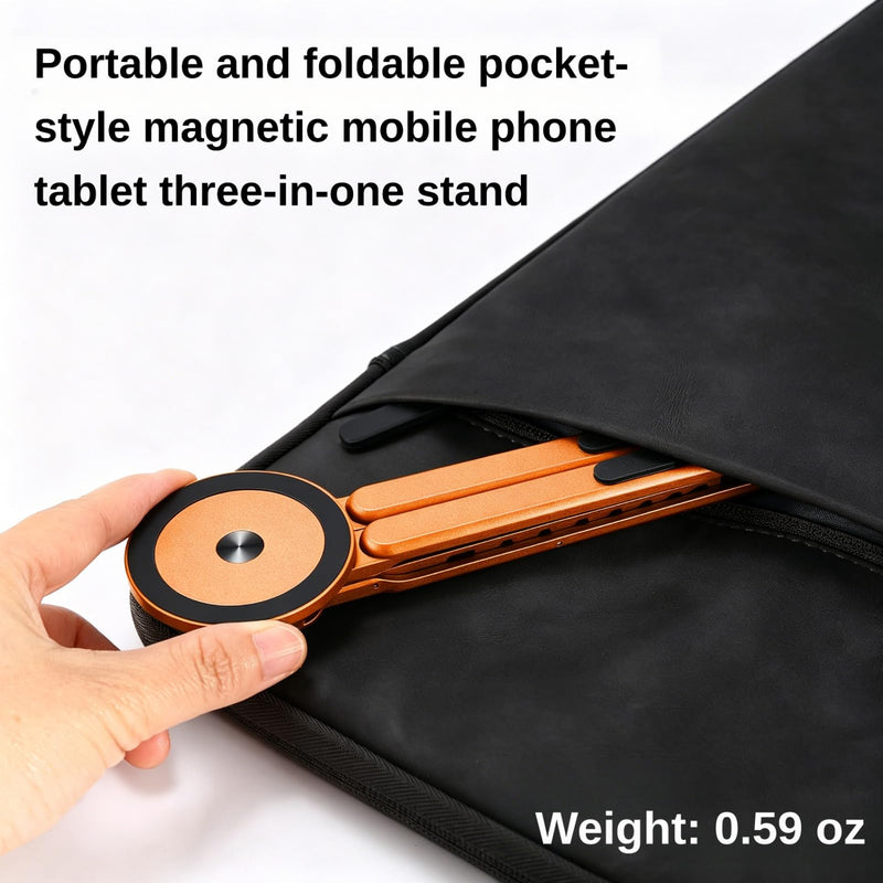 Magnetic Phone Holder & Foldable Laptop Riser, Matte Black Aluminum Multi‑Device Desk Mount, N52 MagSafe Stand, Ergonomic Laptop Elevator for MacBook iPad iPhone Travel Office Orange