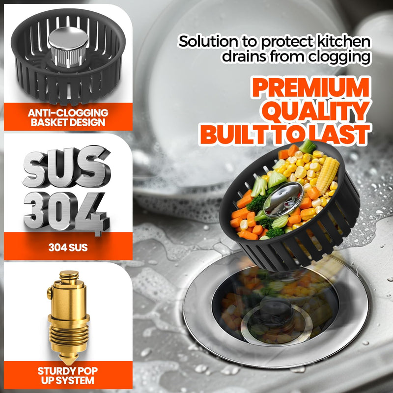 Sink Drain Strainer - Sink Stopper, 3-in-1 Kitchen Stainless Steel Drain Plug with Anti-Clog Basket, Pop-Up Cover Fits Standard 3-1/2” Openings for Double Bowl Kitchen Sinks,Black