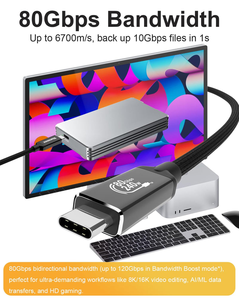 Thunderbolt 5 Cable 10ft [120Gbps Bandwidth Boost], USB4 2.0 Cord 240W PD3.1 Charging, Supports 16K or Dual 8K Display, Compatible with M4 MacBook Pro, iPhone 17 Pro, eGPU, SSD 3m